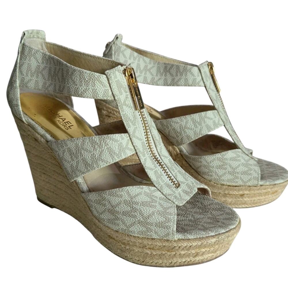 Michael Kors Vanilla Damita Logo MK Signature Wedge Sandals Women 7.5 Shoes - Picture 2 of 11